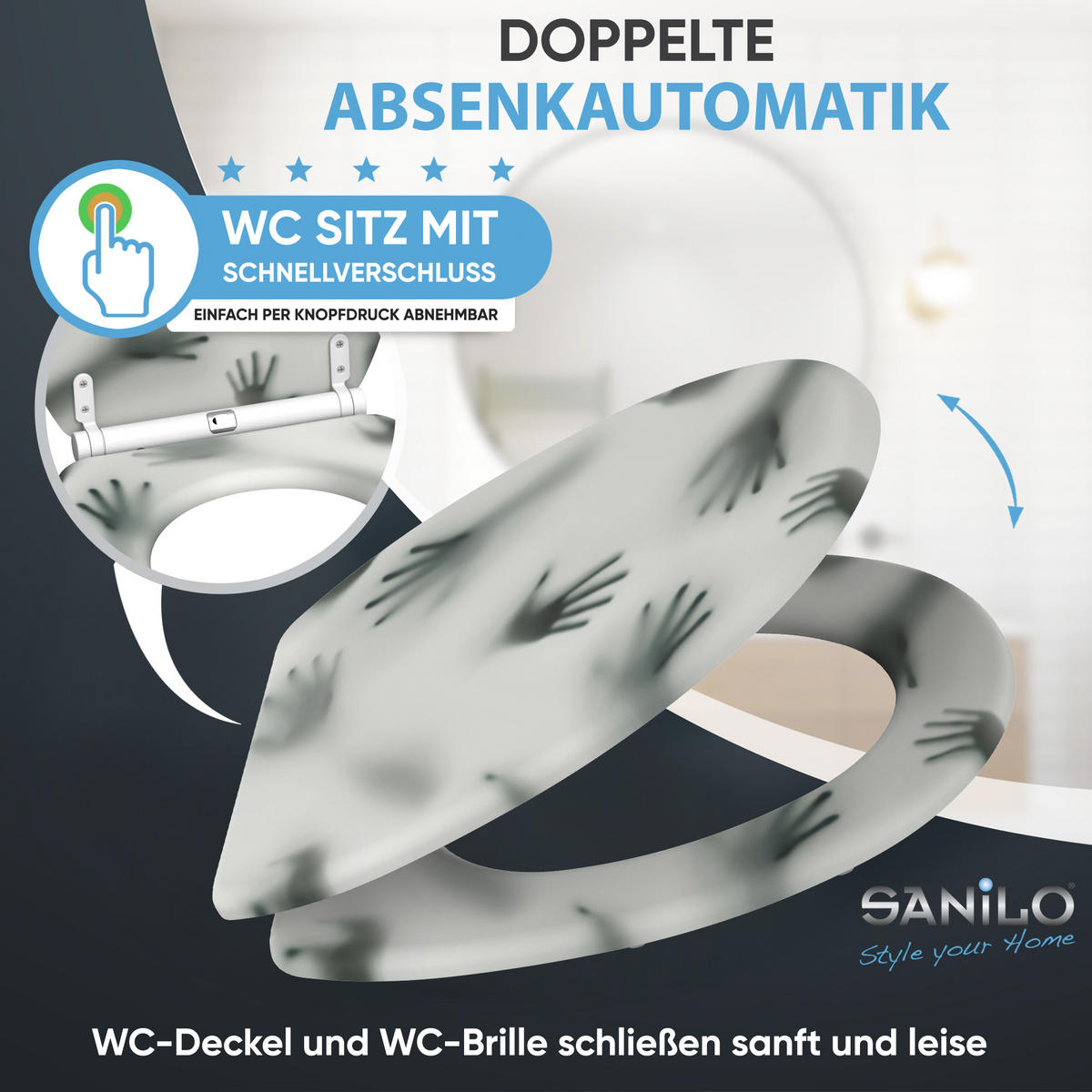 WC-SITZ mit Absenkautomatik & Top Fix Shadow Hands - Grau, Holzwerkstoff (37.7/5.5/48cm) - Sanilo
