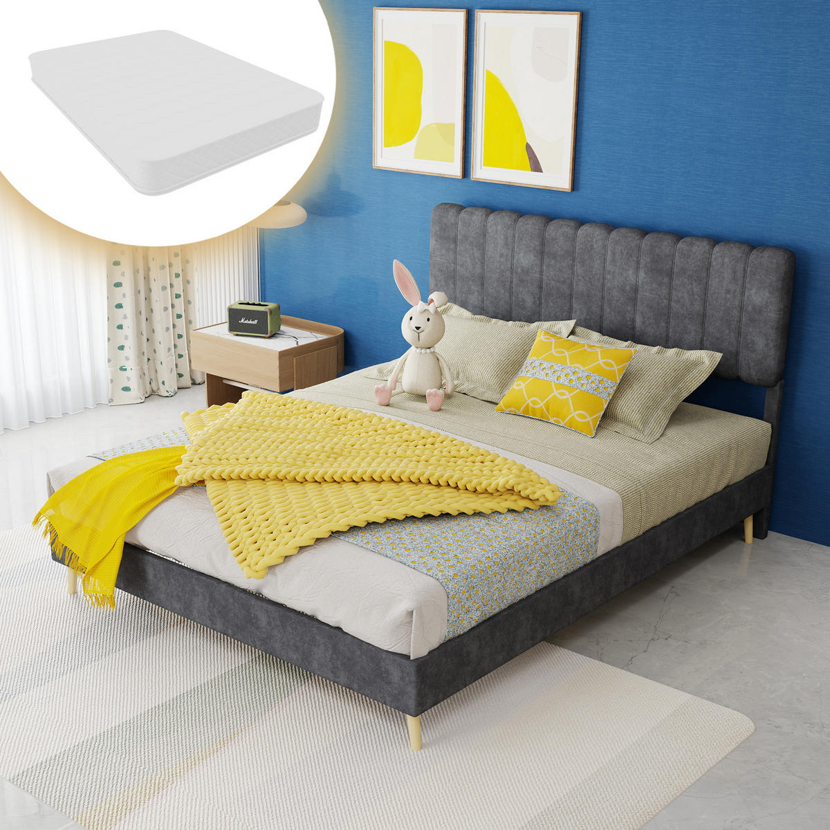 POLSTERBETT 140/200 cm DE-32951 mit hohem Kopfteil und Matratze Grau - Grau, Metall (140/200cm) - ComfortXL