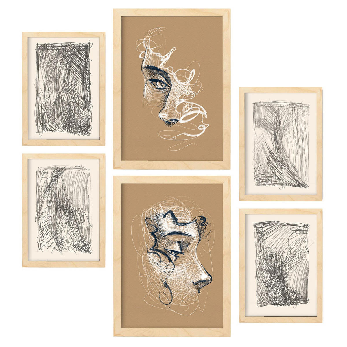 POSTER Set Mit 6 Künste Messen In Weibliche Zusammenfassung A3 & A4 Rahmen Aus Hellem Holz - Beige, Papier (29/3cm) - Nacnic