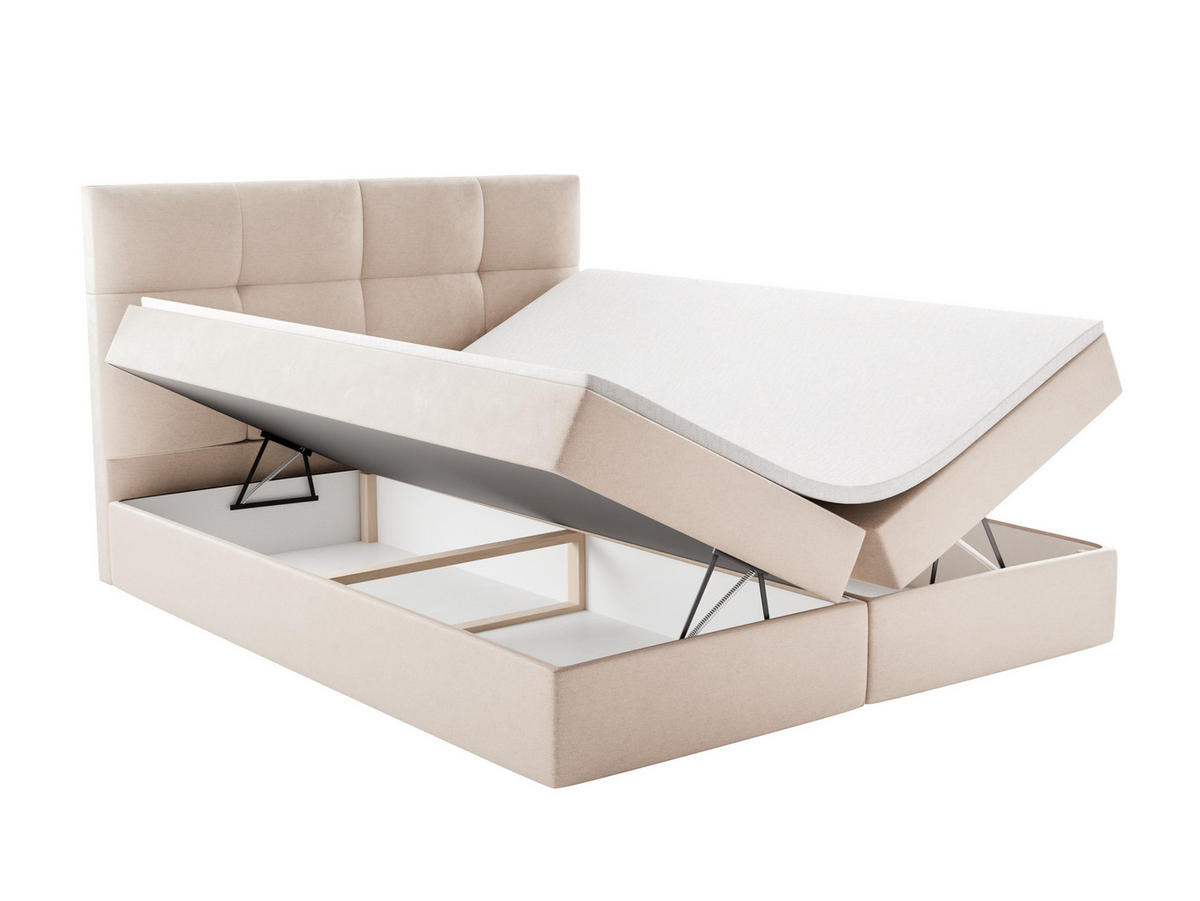 BOXBETT MORENO mit Bettkasten 180x200 cm inkl. Bonell-Federkernmatratze H3 und Topper – Polsterbett Stoff ASTI Creme - Creme, Textil (180/200cm) - Luxkor24