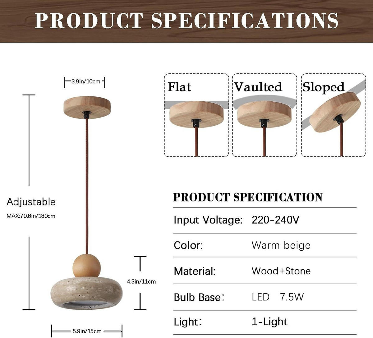 PENDELLEUCHTE Travertin Gelb LED & Holz, Höhenverstellbar - Gelb, Stein (10/15/15cm) - Authentics