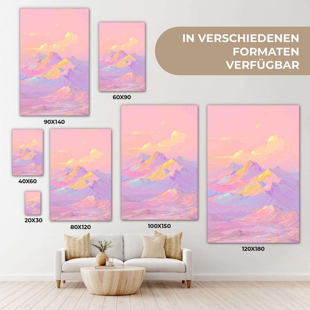 LEINWANDBILD Berggipfel - Wolken - Verträumt Deko XXL 80x120 cm - Hellrosa, Textil (80/120cm) - MuchoWow