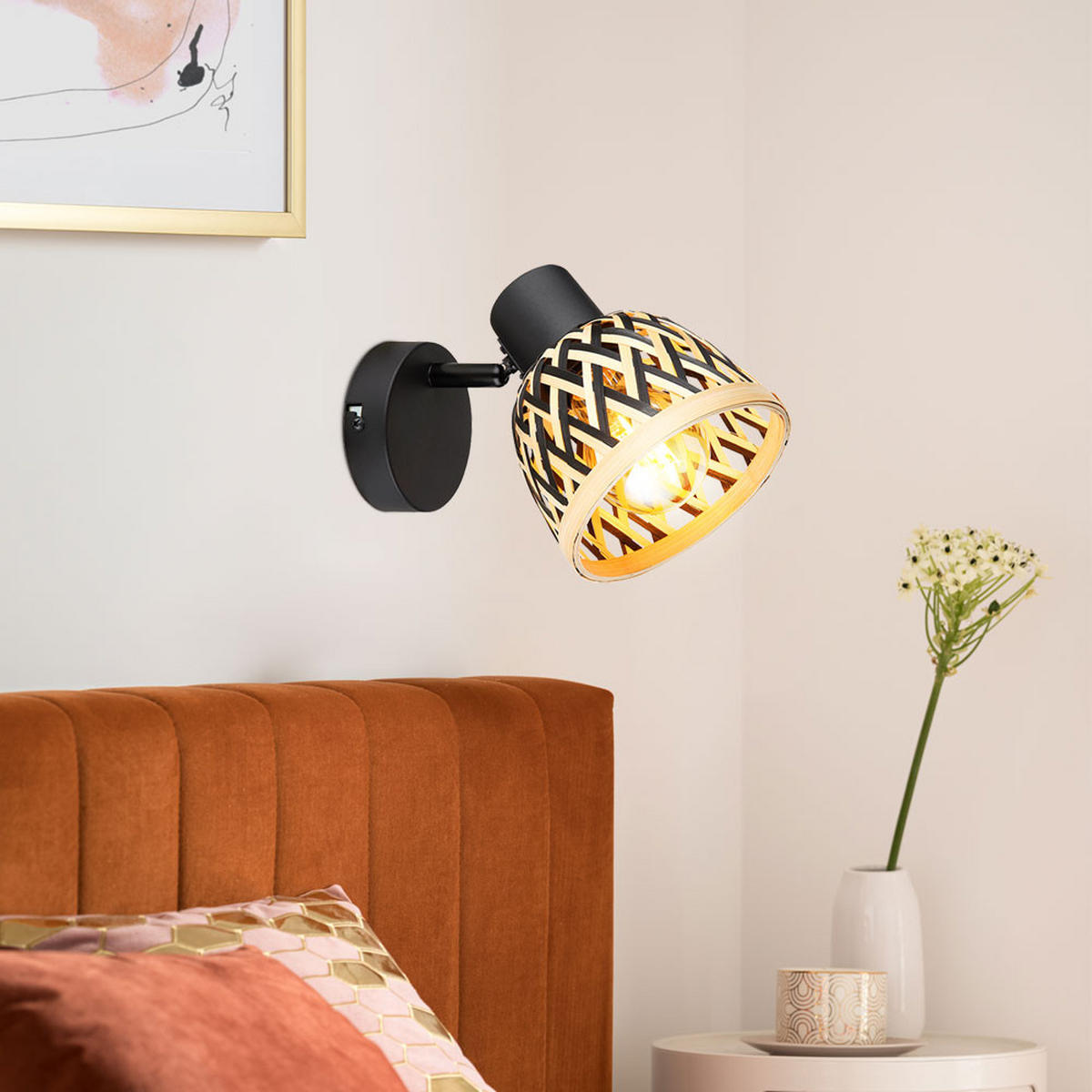 WANDLEUCHTE Metall Bambus Schirm Schwarz Braun - Schwarz, Holz (13/14/16.5cm) - Globo Lighting