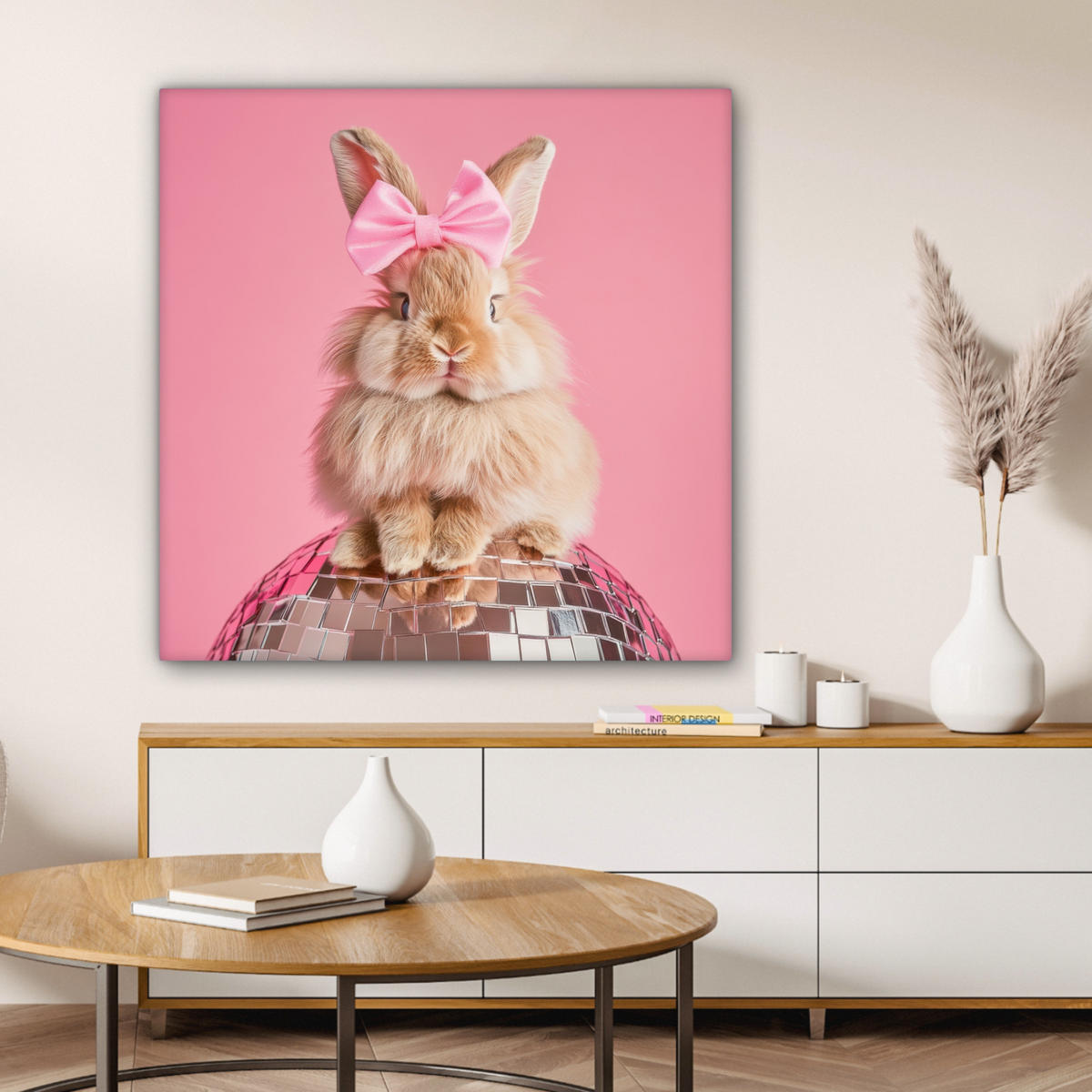 LEINWANDBILD Schleife - Discoball - Kaninchen Deko Groß 90x90 cm - Pink, Textil (90/90cm) - MuchoWow