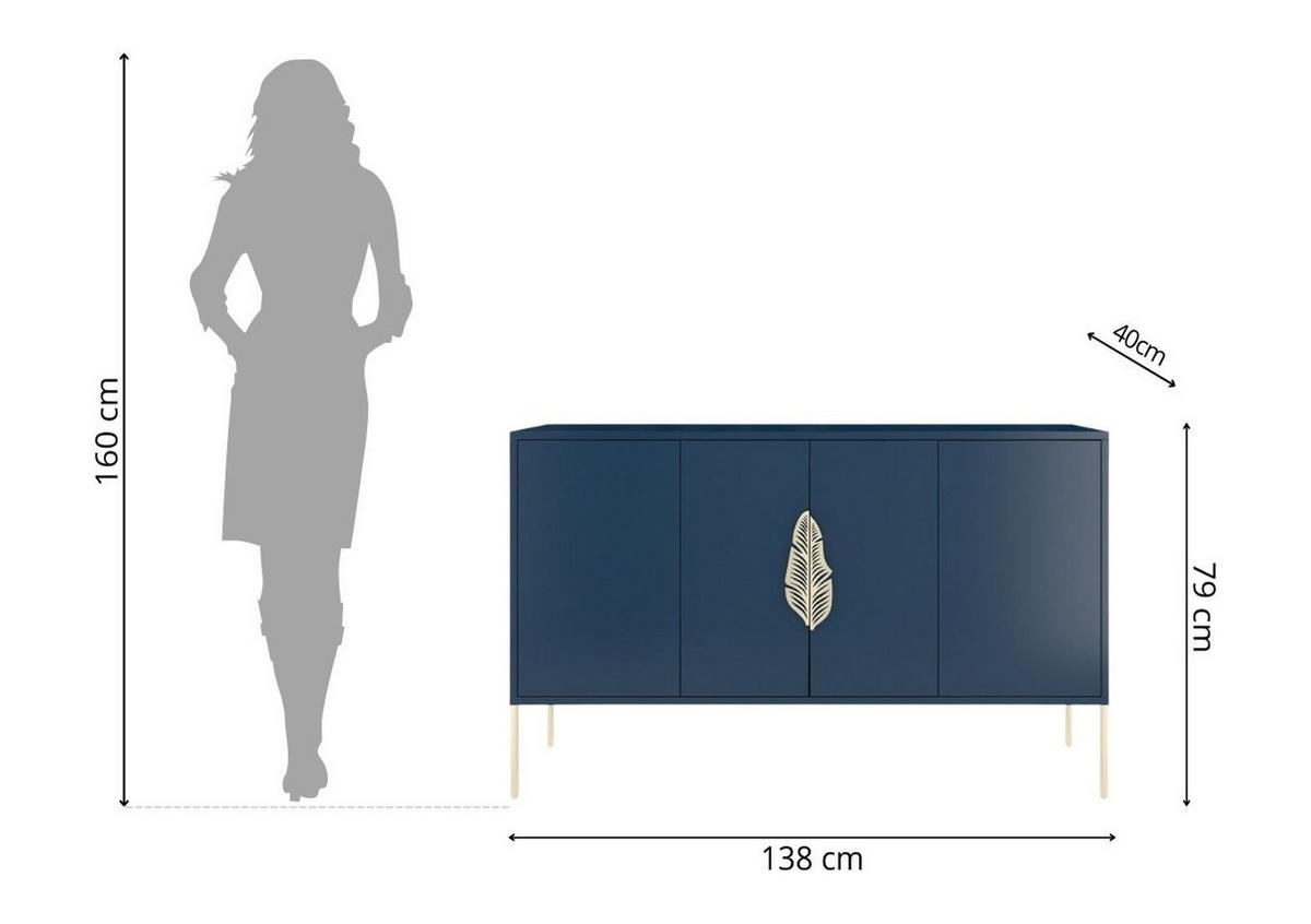 SIDEBOARD Merlin, Marinblau, Goldene Details - Goldfarben/Dunkelblau, Holzwerkstoff/Metall (138/79/40cm) - Skandica