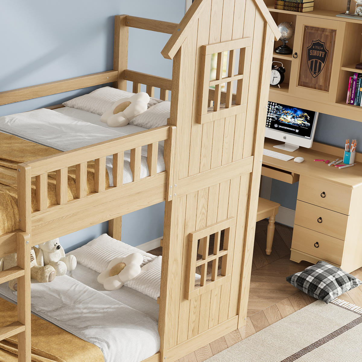 ETAGENBETT 90x200 cm in Natur mit Hausdesign, Treppe und Rundum-Schutz - Naturfarben, Holz (90/200cm) - IVMEU