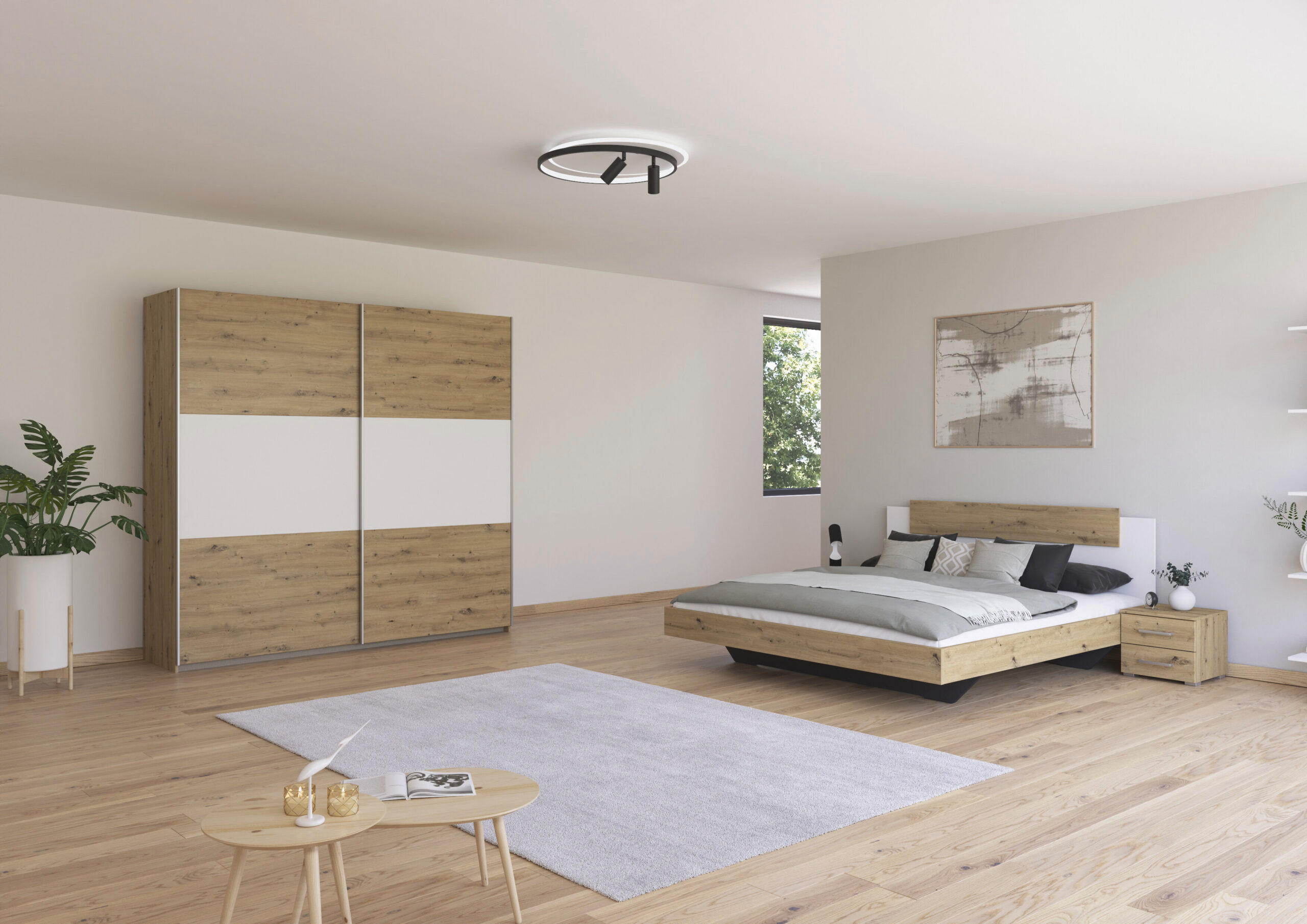 SCHLAFZIMMER Borba in Eiche und Weiß 4 teilig – mit Bettanlage 180x200cm, zwei Nachttisch und Schwebetürenschrank 218cm Breite - Braun, Holzwerkstoff (80/200/120cm)