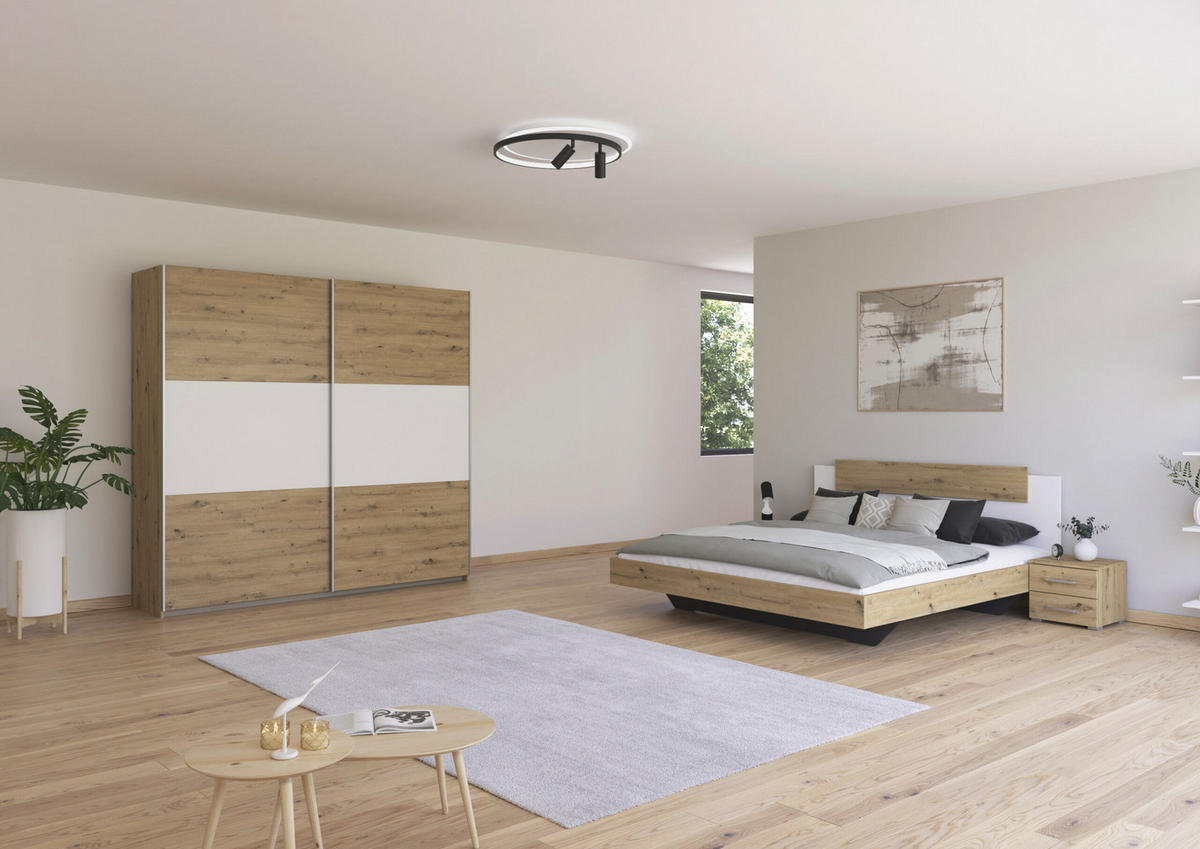 SCHLAFZIMMER Borba in Eiche und Weiß 4 teilig – mit Bettanlage 180x200cm, zwei Nachttisch und Schwebetürenschrank 218cm Breite - Braun, Holzwerkstoff (80/200/120cm)