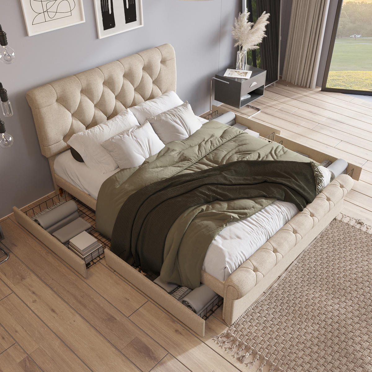 POLSTERBETT 140/200 cm Natur mit 4 Schubladen und höhenverstellbarem Kopfteil mit Matratze - Naturfarben, Metall (140/200cm) - OKWISH