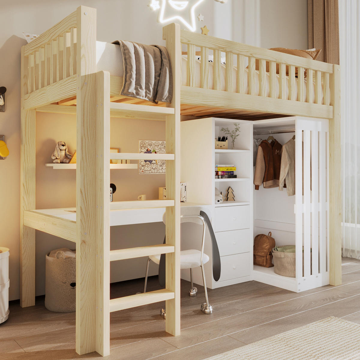 HOCHBETT aus Kiefernholz und MDF 90x200 cm Natur mit Schreibtisch, Kleiderschrank, 3 Schubladen und Treppe - Naturfarben, Holzwerkstoff (140/200cm) - Modfu
