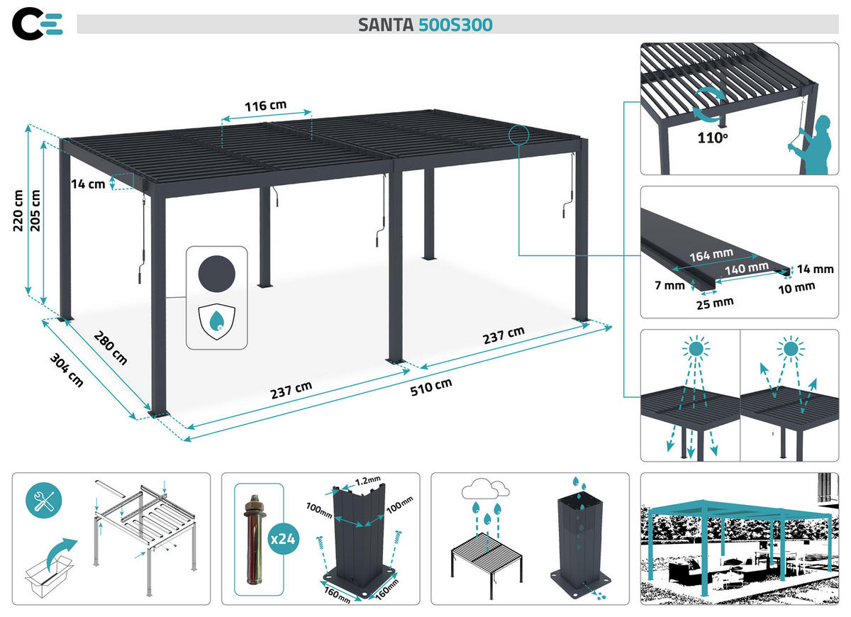PERGOLA BIOKLIMATISCHE SELBSTTRAGENDE Santa graue 5m x 3m - Grau, Metall (510/220/304cm) - Cazeboo