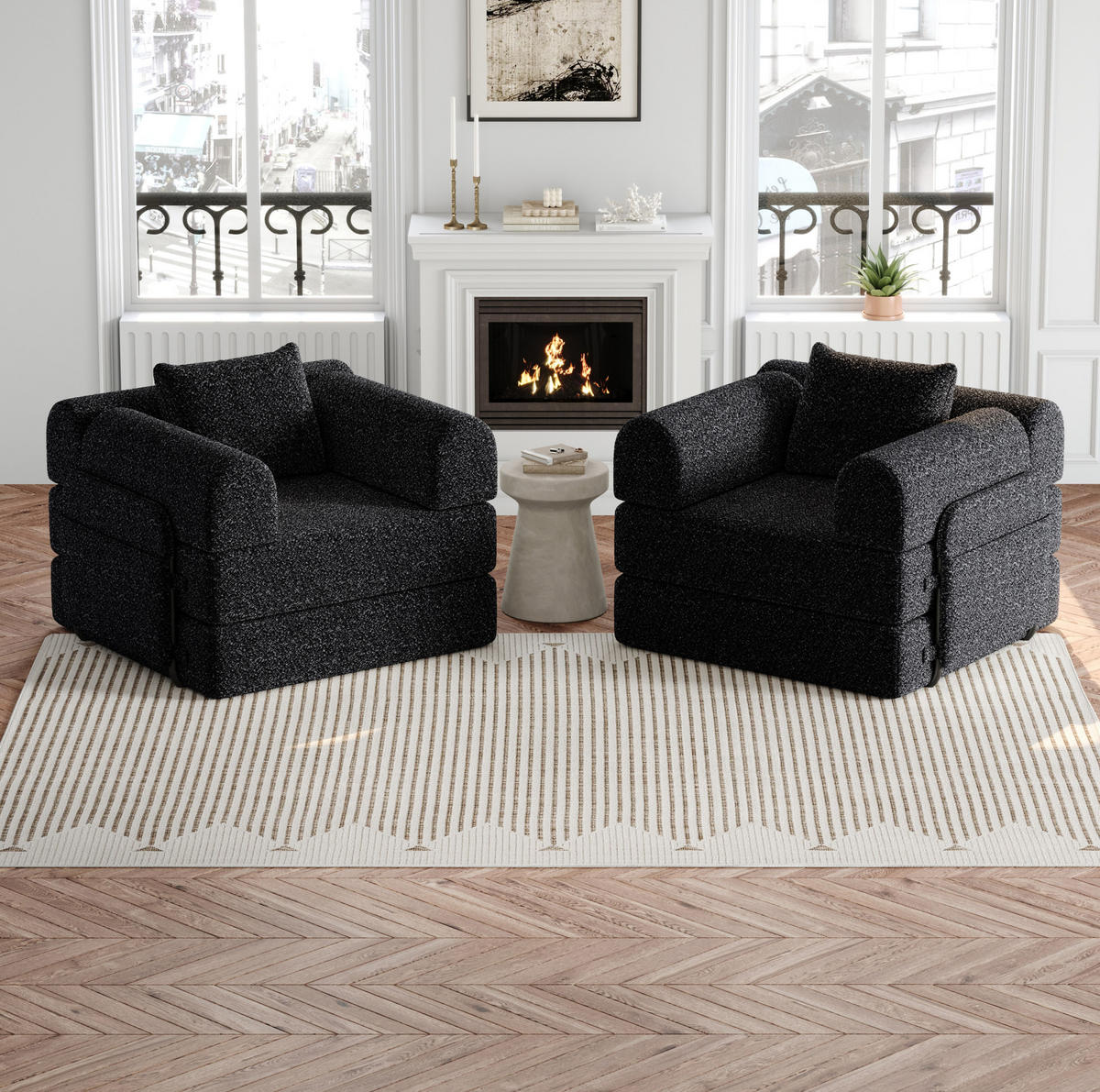 SCHLAFSOFA 2-in-1 mit Armlehnen-Ablagefach Chenille Schwarz - Schwarz, Textil (91.4/69.8/183.8cm) - OKWISH