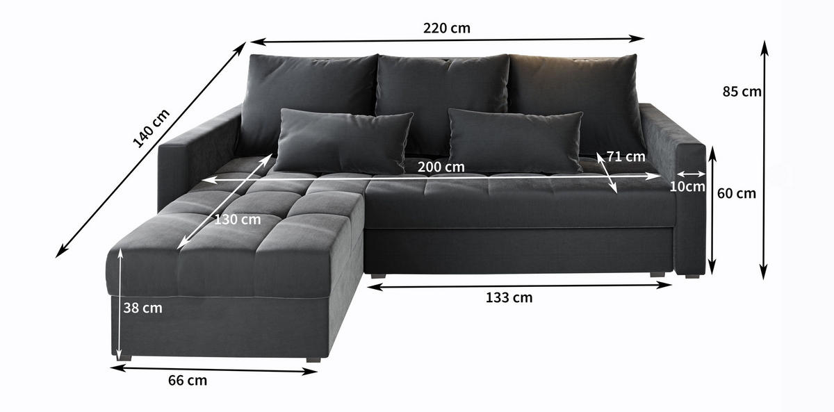 ECKSOFA KOS PIK Rosa Plüsch-Stoff mit Schlaffunktion - Rosa, Holz (220/140cm) - MASSENO