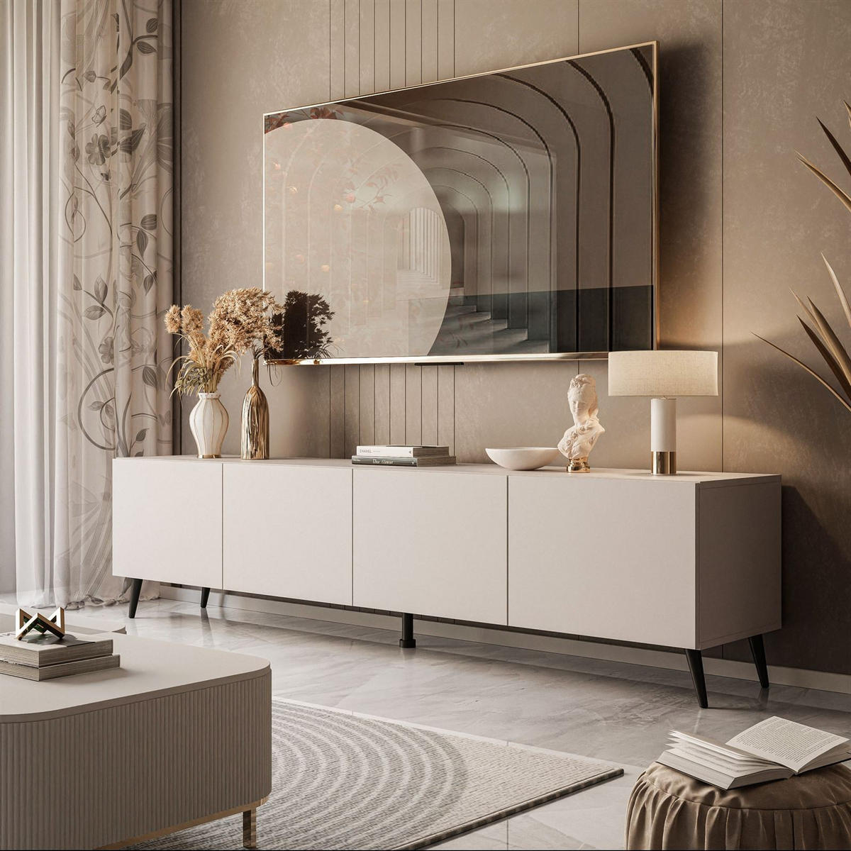 TV-LOWBOARD COLGANTE 200 cm Kaschmir auf Schwarz Beinen - Kaschmir/Schwarz, Holzwerkstoff/Metall (200/49/40cm) - Lookway