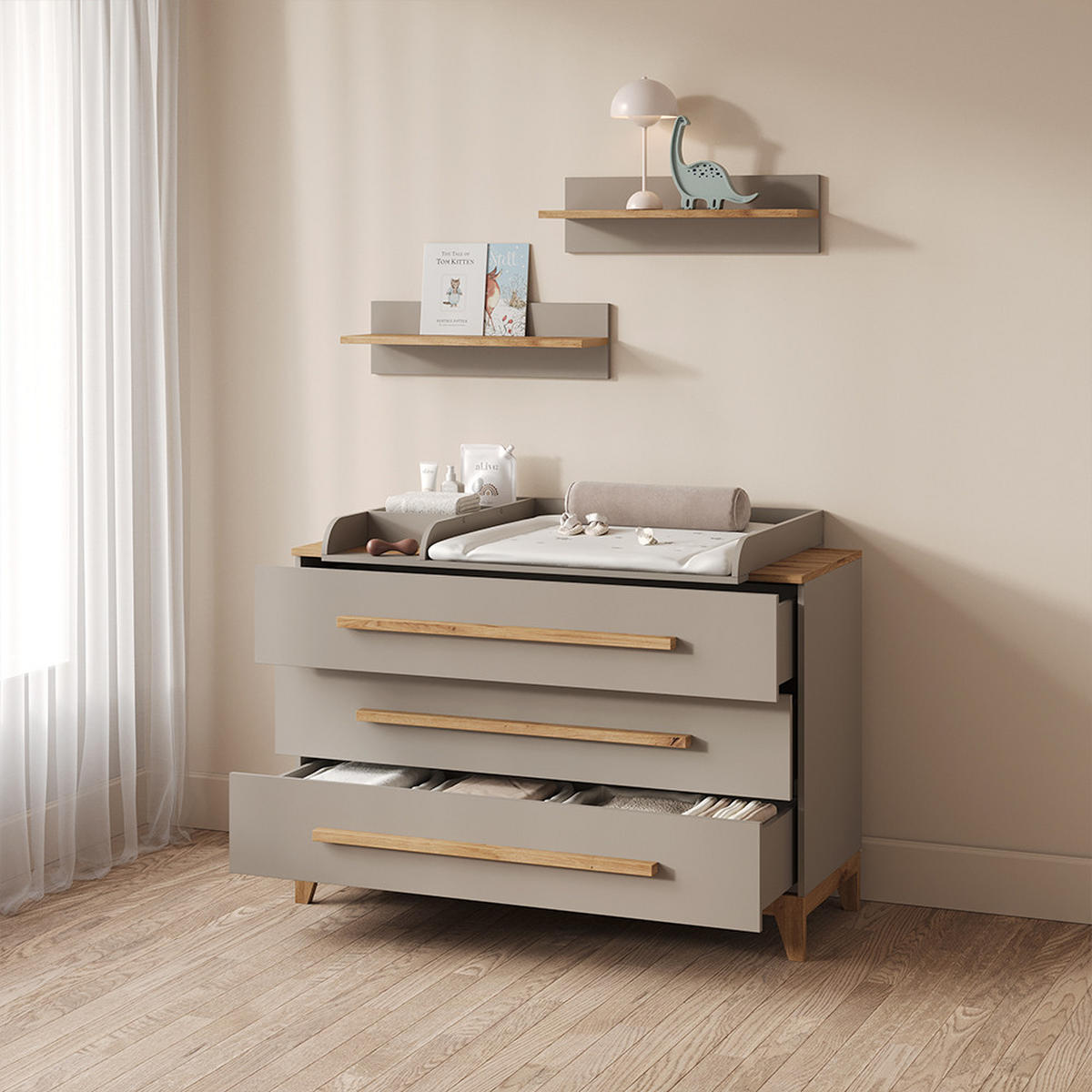 WICKELKOMMODE Mailo Cashmere/Artisan XL mit 3 Schubladen - Kaschmir/Eiche Artisan, Holzwerkstoff (133/98/70cm) - Livinity®