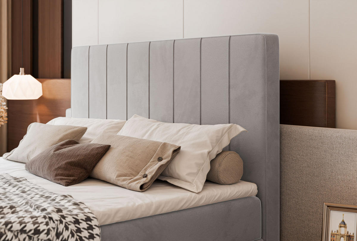 BOXBETT VERA 120x200 cm mit Matratze und Topper, Weicher wasserabweisender Samt Grau - Grau, Textil (120/200cm) - Idohome