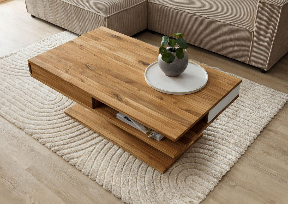COUCHTISCH Wildeiche 120x70x45 natur geölt / Glas weiß WIEN #101 - Naturfarben, Holz (120/70/45cm) - Massivmoebel24