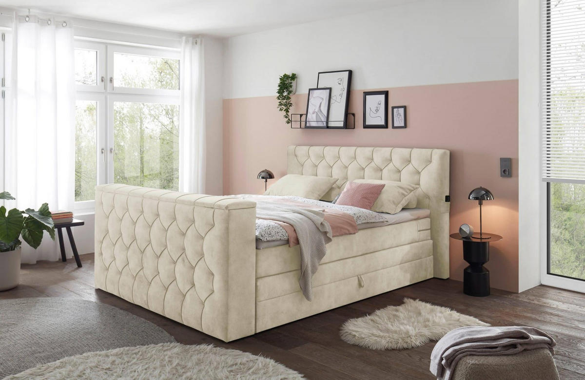 BOXSPRINGBETT 180x200 – motorisierte TV‑Halterung, HR-Lux-Topper, Duo‑Wendematratze H3/H4 - Beige/Creme, Textil (180/200cm) - ed exciting design