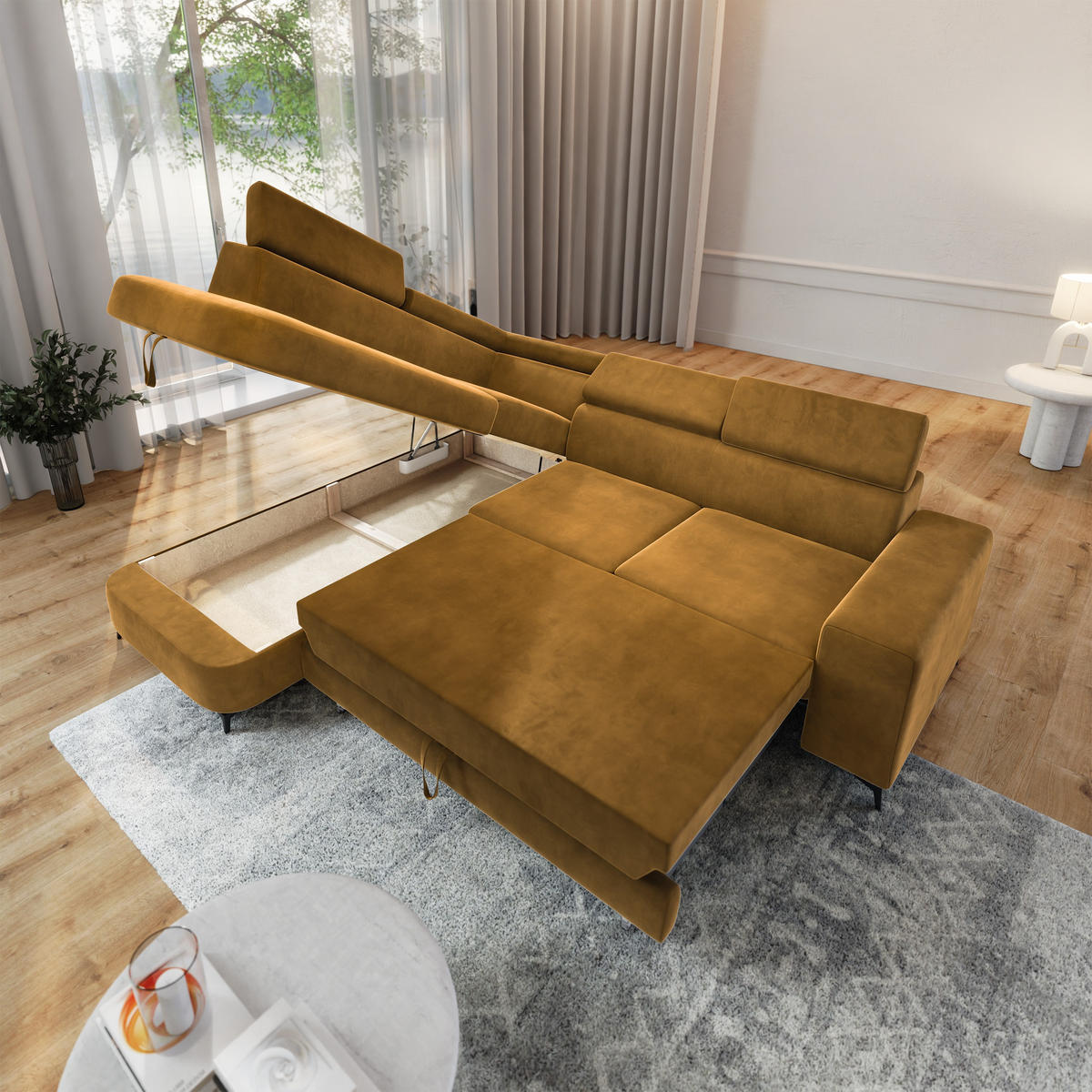 ECKSOFA ALVORO L-S Gelb Velours-Stoff mit Schlaffunktion - Gelb, Holz (253/190cm) - MASSENO