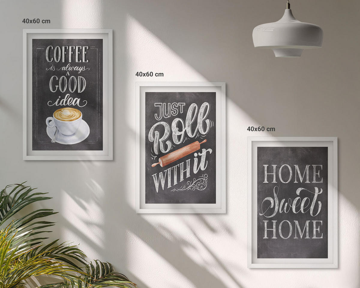 BILDER SET 3er Set - 40x60 cm Weißer Rahmen - Kaffeeroller, heimelige Wärme - Weiß, Kunststoff (40/60cm) - TULUP