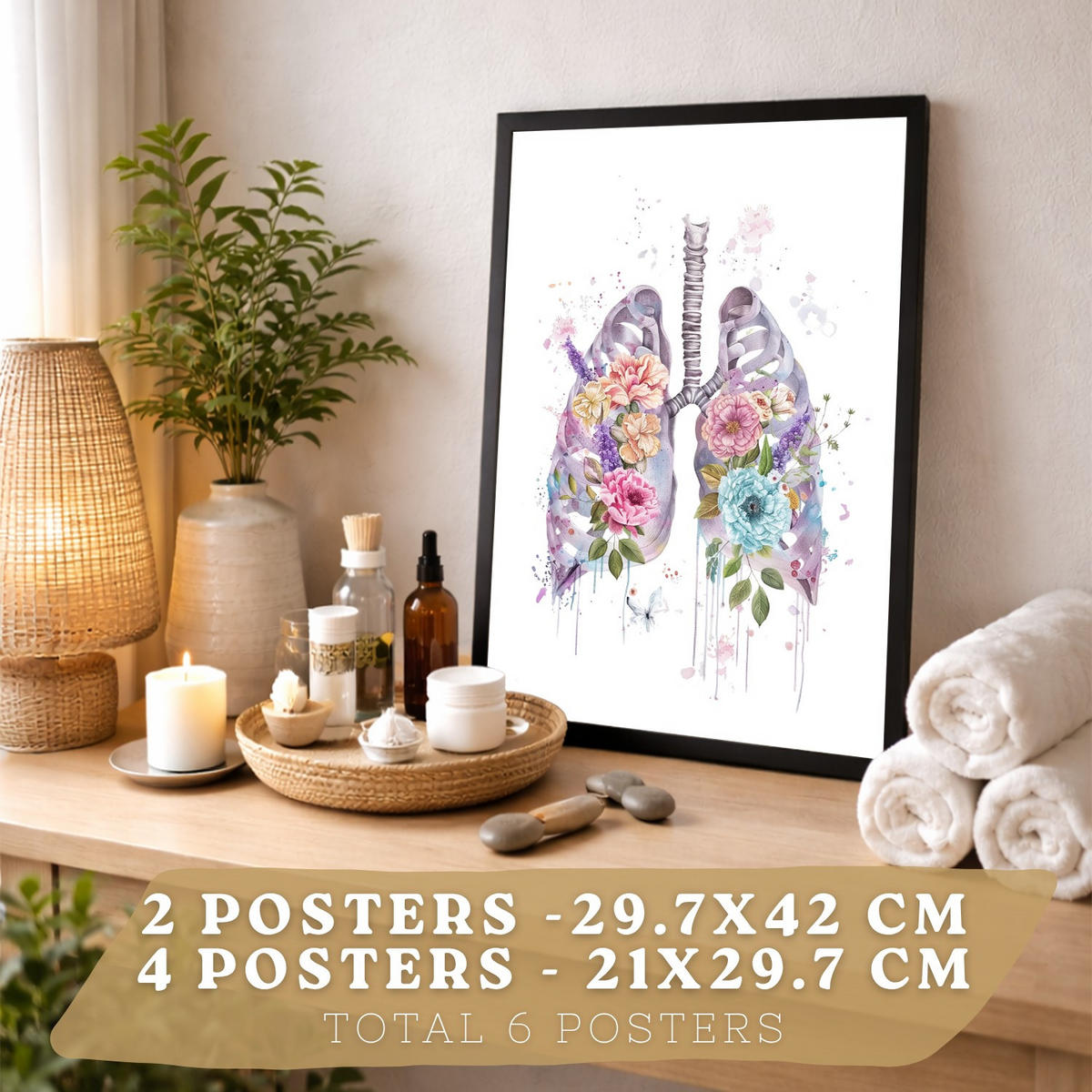 POSTER Set aus 6 Anatomie Mensch Florale Aquarell Drucke und mit Gehirn Lungen Skelett Nieren und Organen Botanische Größe Schwarzer Rahmen A3 & A4 - Schwarz, Papier (29.7/42/3cm) - Nacnic