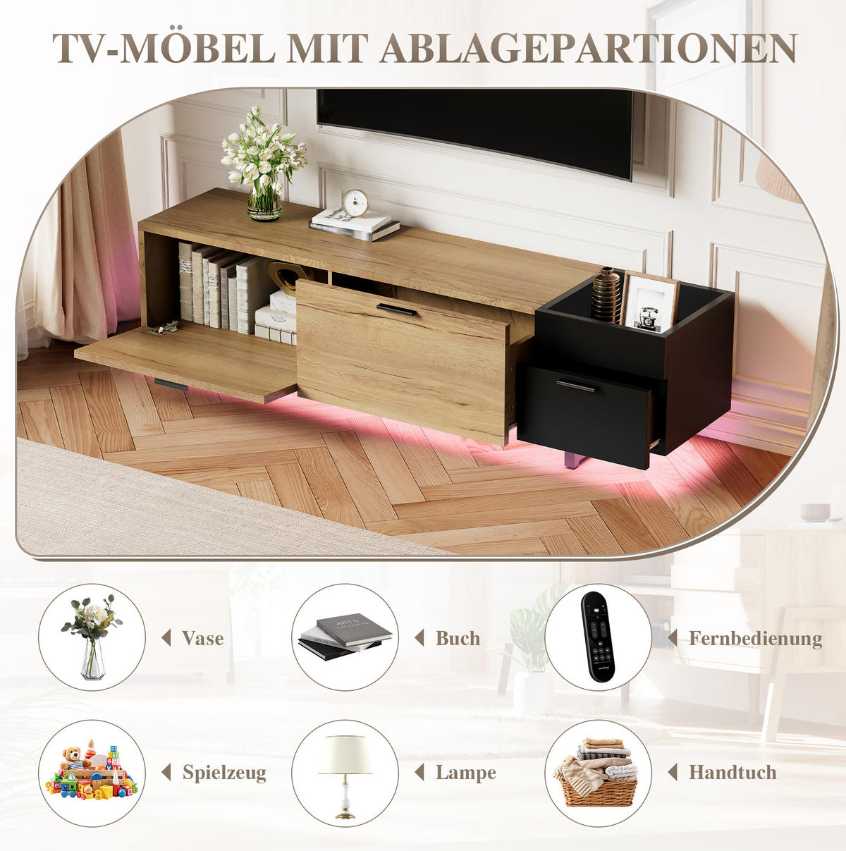 TV stolek 180/38/49 cm s LED osvětlením, závěsným designem a úložným prostorem, Černá - černá, kompozitní dřevo (180/49/38cm) - Redom