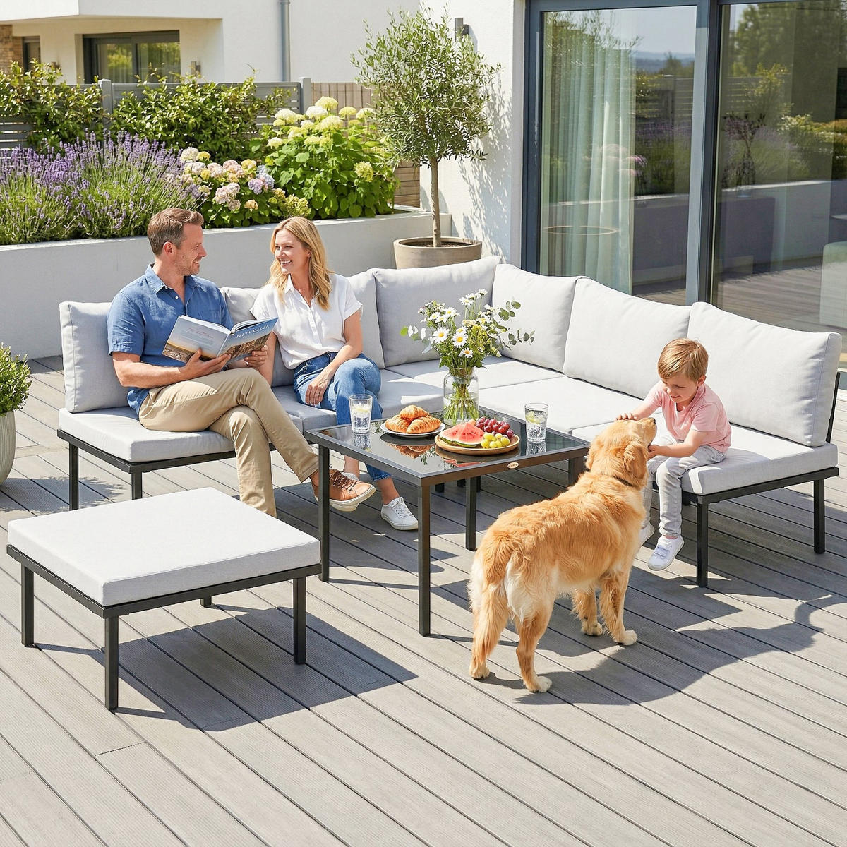 LOUNGEGARNITUR DE-13539 6-sitzig modulbar, mit Glastisch Hellgrau - Hellgrau, Metall - ComfortXL