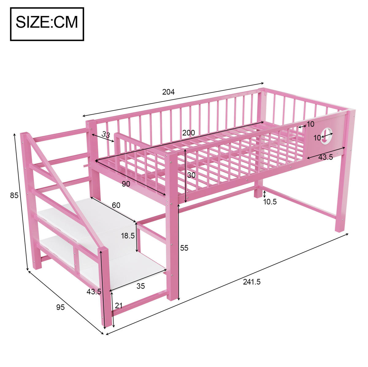 HOCHBETT 90/200 cm aus Metall und MDF mit Stauraumleiter Rosa - Pink, Metall (90/200cm) - Modenvie