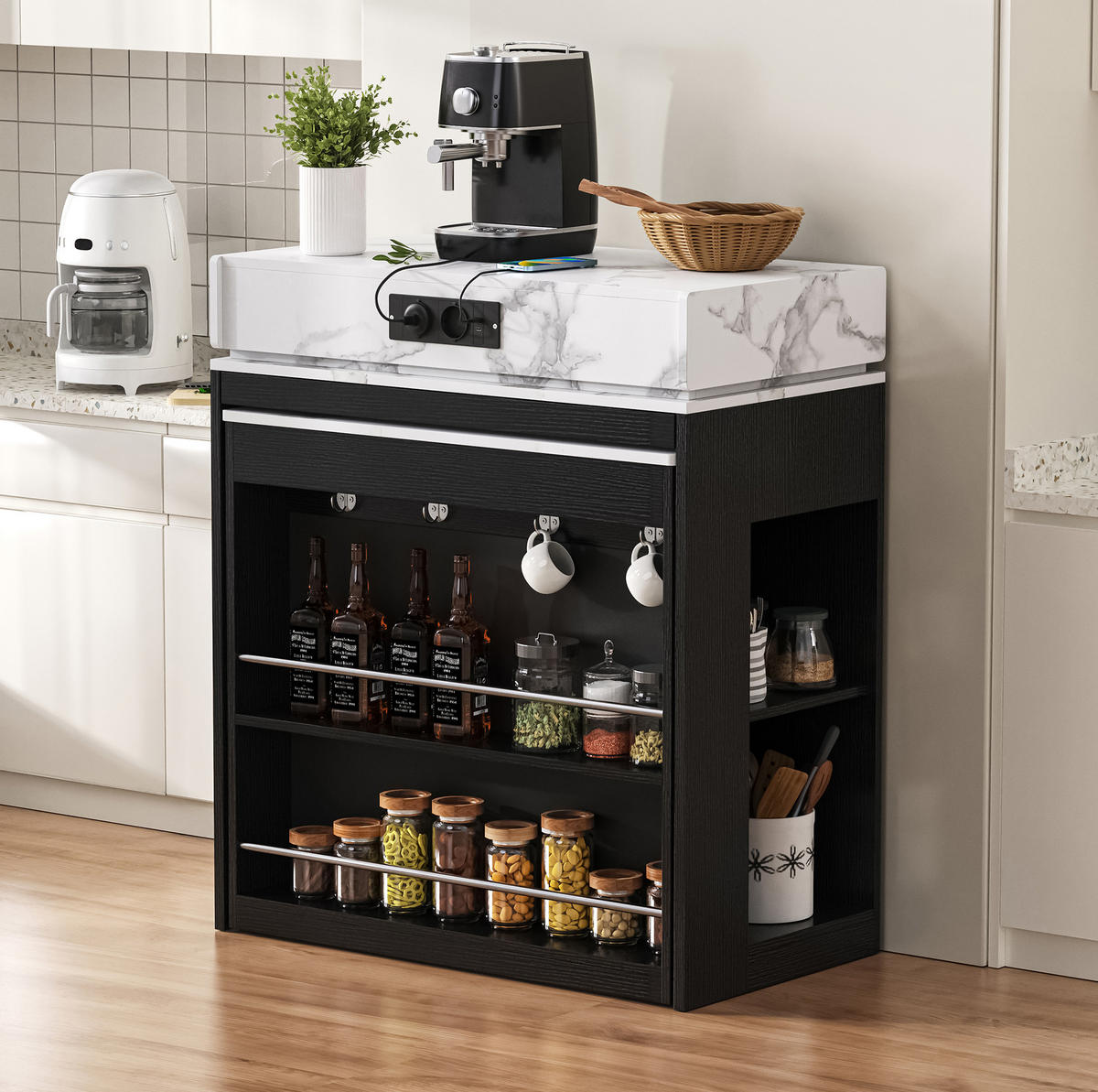 KUCHYŇSKÝ ostrov z MDF a skla 146x83x96 cm černý s rozkládací deskou, zásuvkou, policemi a vestavěnými zásuvkami - černá, kompozitní dřevo (146.5/96/83cm) - Modfu