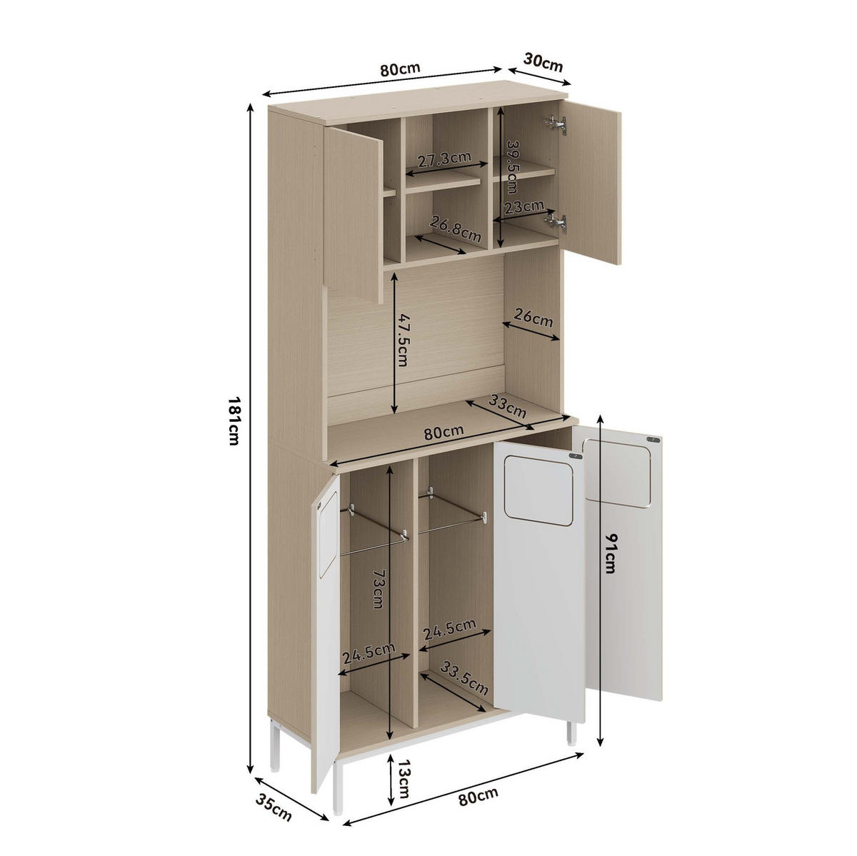KUHINJSKI ormar, 80/35/181 cm, MDF bijela/dekor svijetlog drva - bijela, drvni materijal (80/181/35cm) - BEAOK
