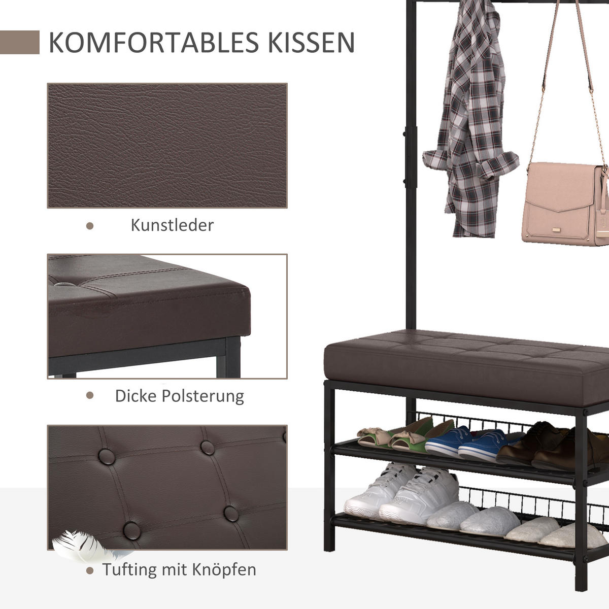 GARDEROBENSTÄNDER - Schwarz/Braun, Kunststoff/Metall (72.5/180/35cm) - HOMCOM