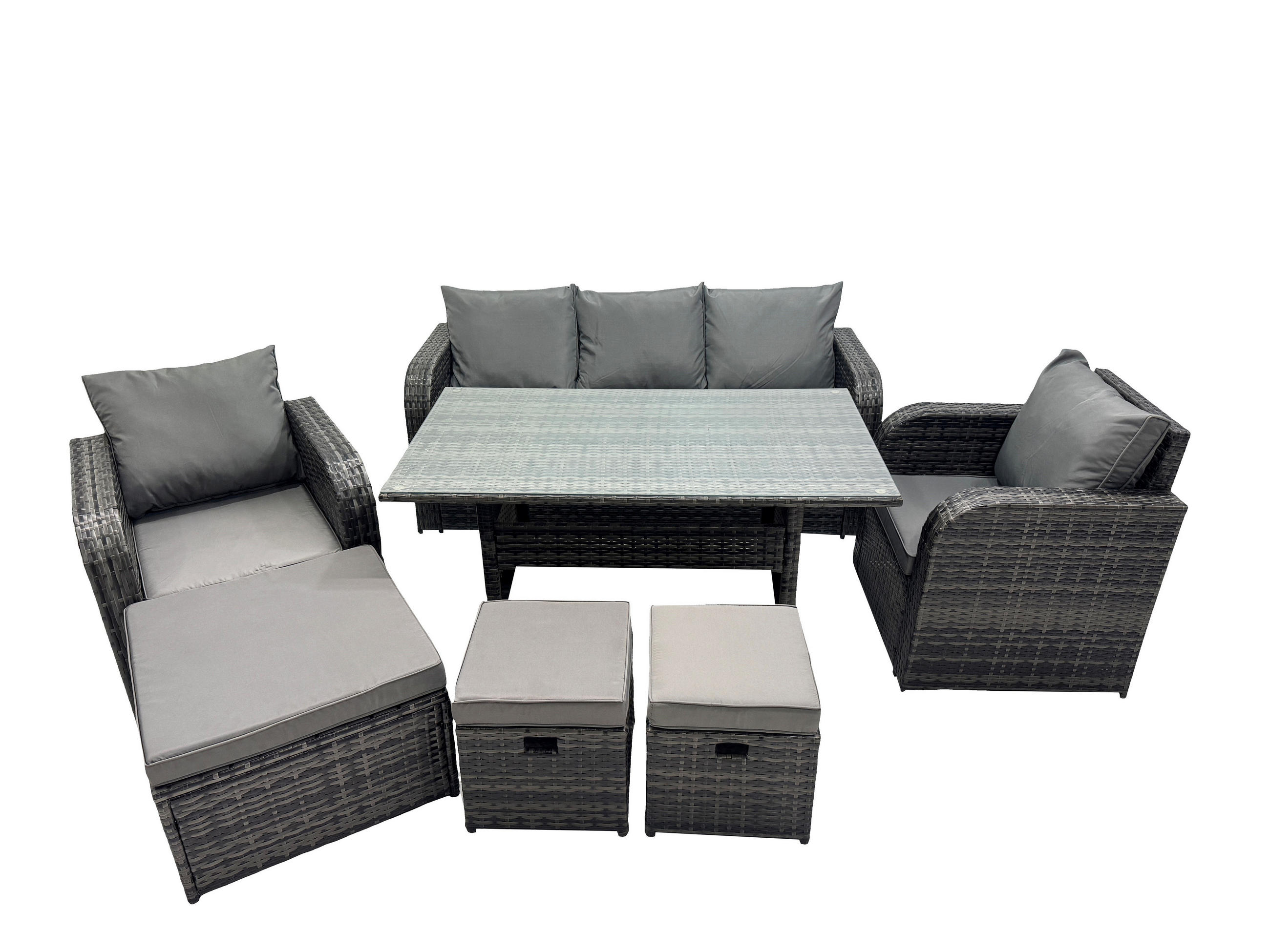 GARTENSET mit 3-Sitzer-Sofa,Esstisch Polyrattan 8-Sitzer - Dunkelgrau/Grau, Glas/Kunststoff - Fimous