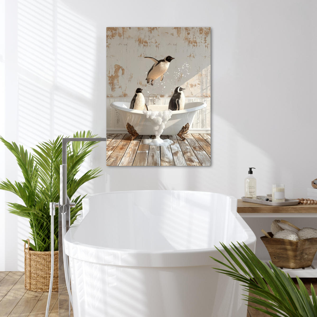 LEINWANDBILD Vintage - Pinguin - Badewanne - Schaumstoff 60x80 cm - Schwarz, Textil (60/80cm) - MuchoWow
