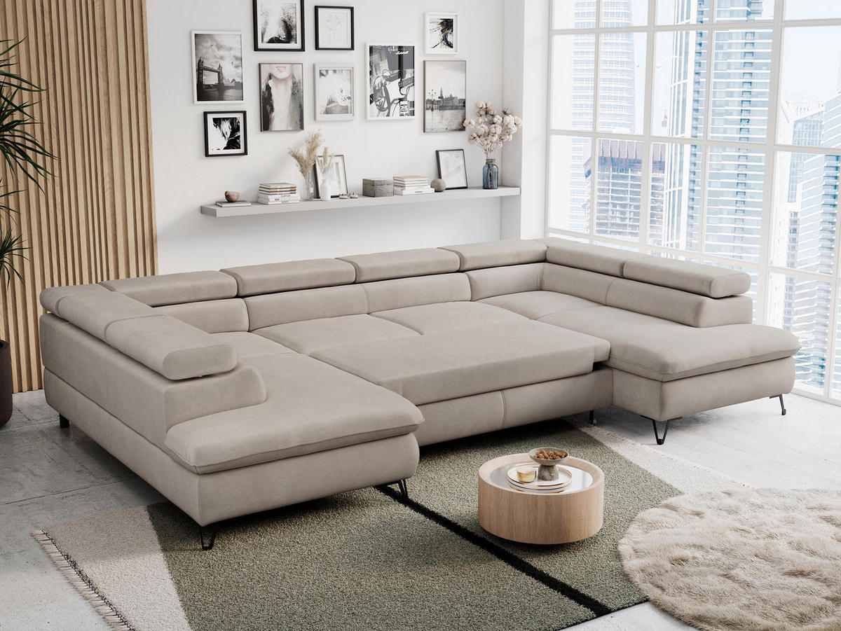 WOHNLANDSCHAFT PETER U Samt Beige - Beige/Schwarz, Textil/Metall (346/76/208cm) - MKS