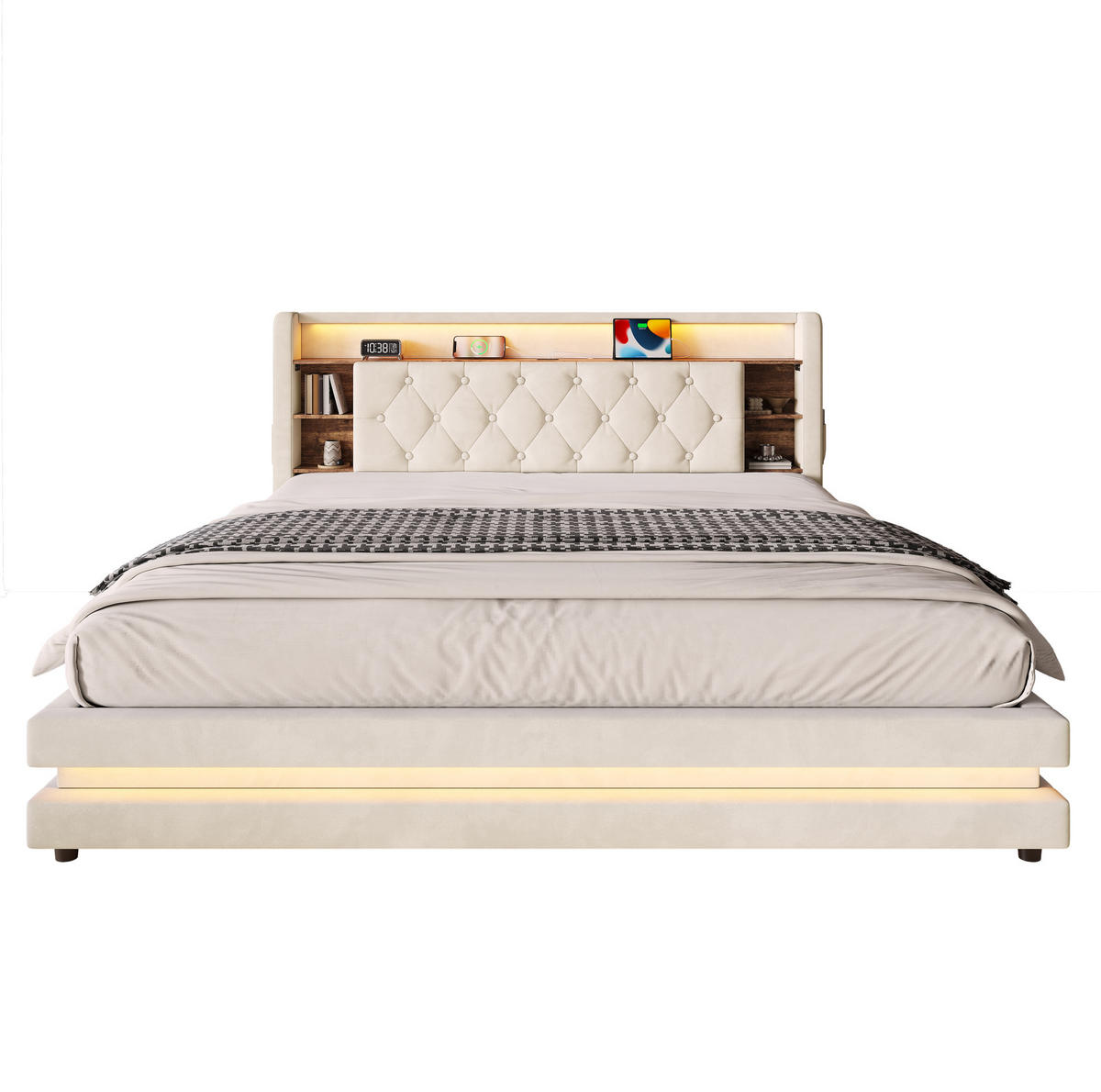 SAMETOVÁ čalouněná postel 180/200 cm s LED, USB-C a hydraulickým úložným prostorem, Béžová - béžová, textil (180/200cm) - Redom
