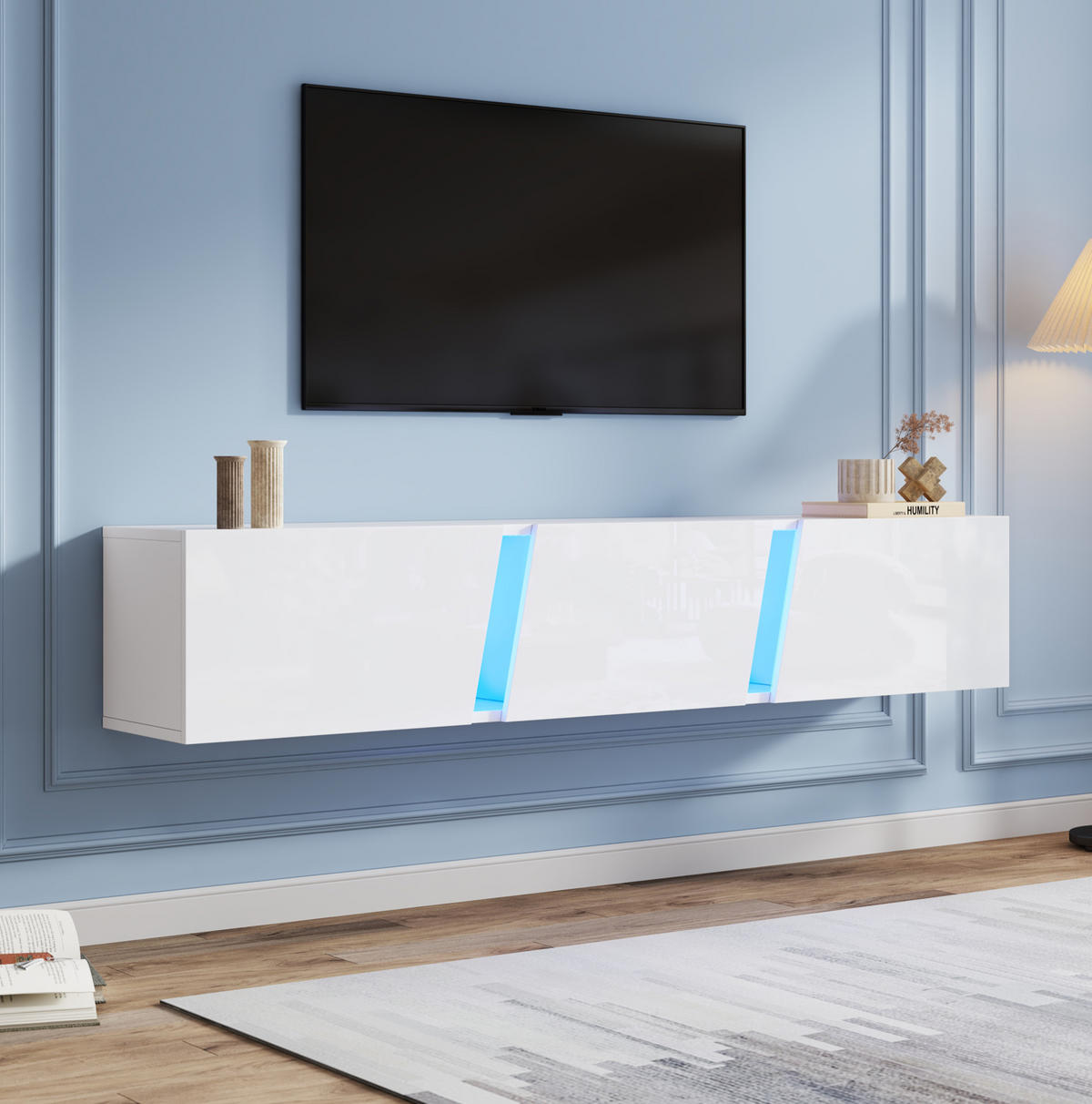 WANDMONTIERTER TV-Schrank aus Spanplatte und Acryl 180x35x30 cm Weiß mit LED-Beleuchtung und 3 Klapptüren - Weiß, Holzwerkstoff (180/30/35cm) - IVMEU