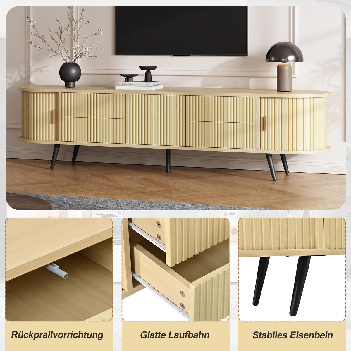 TV-LOWBOARD 180x40x45cm Holzfarbe mit 4 Schubladen und Tür - Naturfarben, Holzwerkstoff (180/45/40cm) - FLIEKS