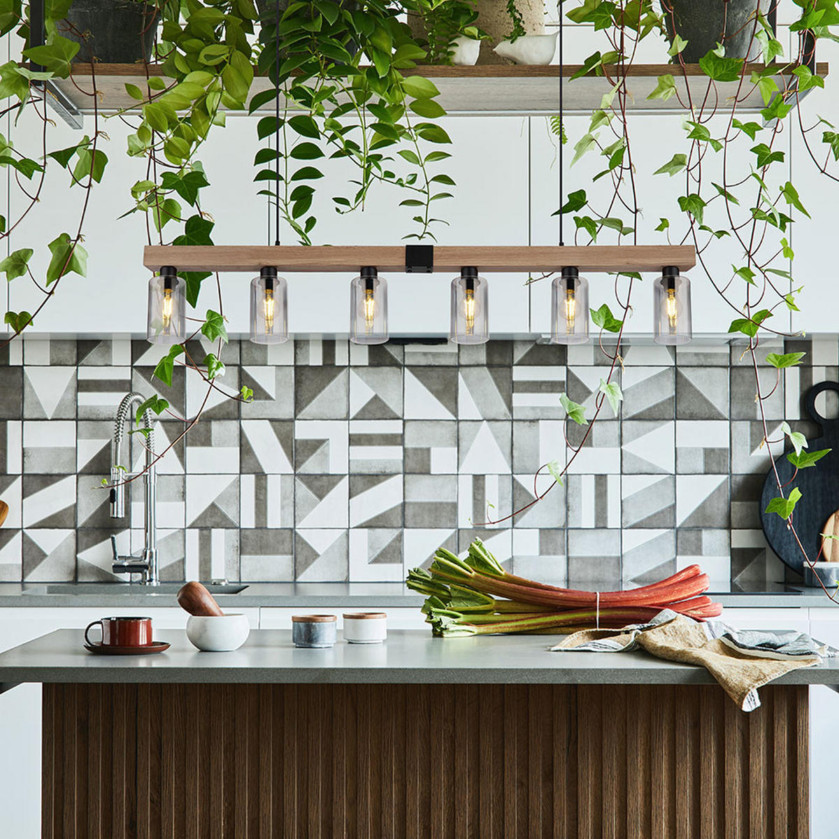 HÄNGELEUCHTE HADERA Metall Schwarz Holzoptik - Schwarz, Glas (140/10/120cm) - Globo Lighting