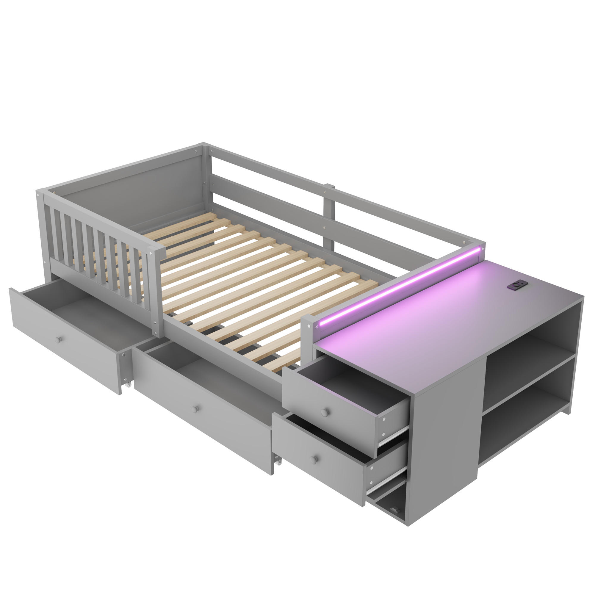 KINDERBETT 90/200 cm DE-32653 mit Doppelschubladen und LED Grau - Grau, Holz (90/200cm) - ComfortXL