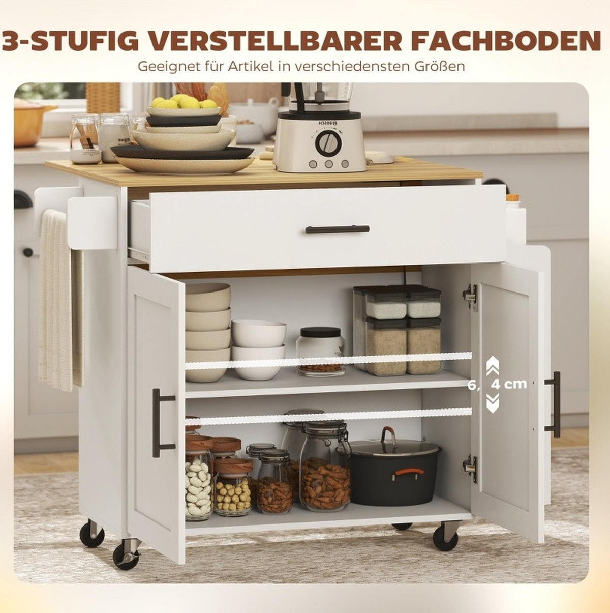 KÜCHENINSEL 120/68/85 cm mit klappbarer Arbeitsplatte, Schublade und Rollen, Holz, Weiß - Weiß, Holz (120/85/68cm) - Redom