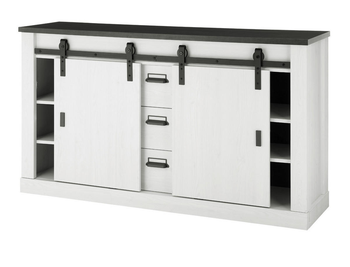 AKTENSCHRANK weiß Pinie, anthrazit Landhaus, Sideboard 162 cm mit Soft-Close - Anthrazit/Weiß, Holzwerkstoff/Metall (162/91/43cm) - Furn.Design