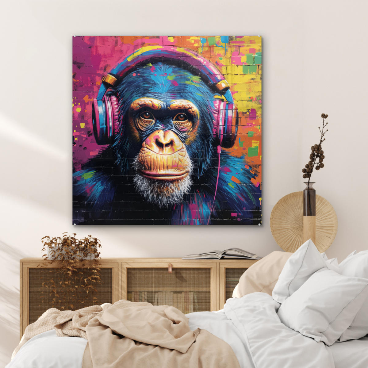 ACRYLGLASBILD Graffiti - Schimpanse - Straßenkunst - Kopfhörer - Affe 90x90 cm - Blau, Glas (90/90cm) - MuchoWow