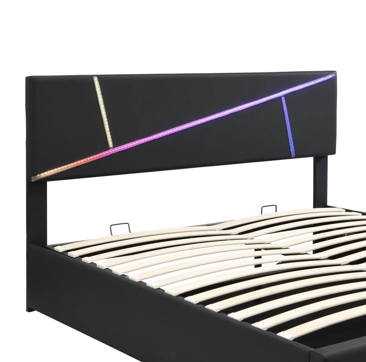 POLSTERBETT 140/200 cm mit LED-Beleuchtung, hydraulischem Bettkasten und Lattenrost aus PU, Schwarz - Schwarz, Kunststoff (140/200cm) - Redom