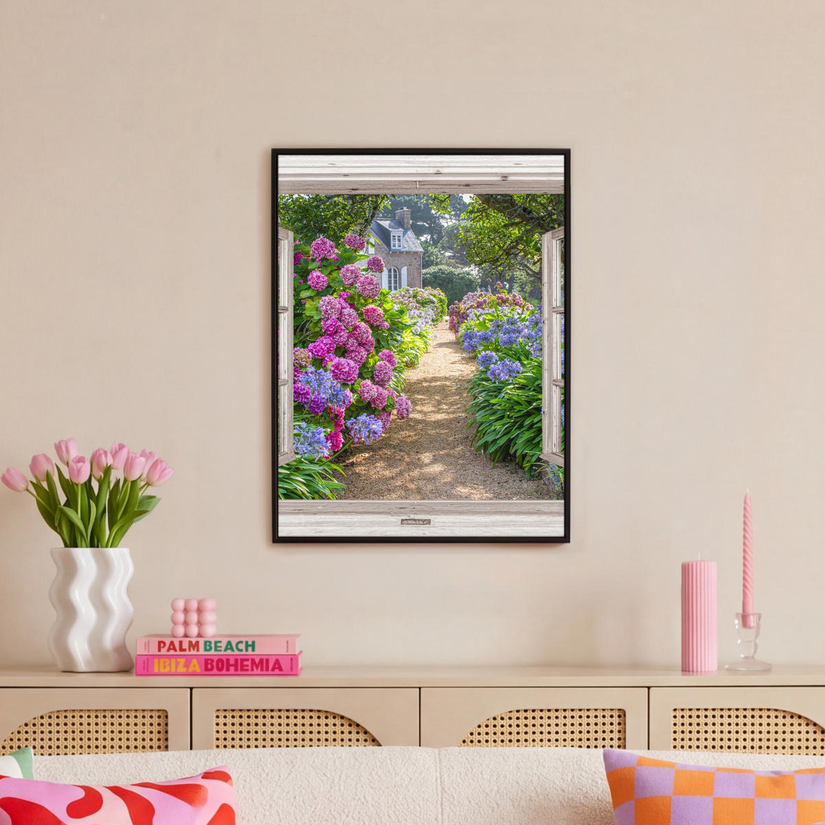 LEINWAND Bilder mit Rahmen - Hortensie - Durchsichtig - Blumen - Sommer - Lila - Weg - 60x80 - Lila, Textil (60/80cm) - MuchoWow