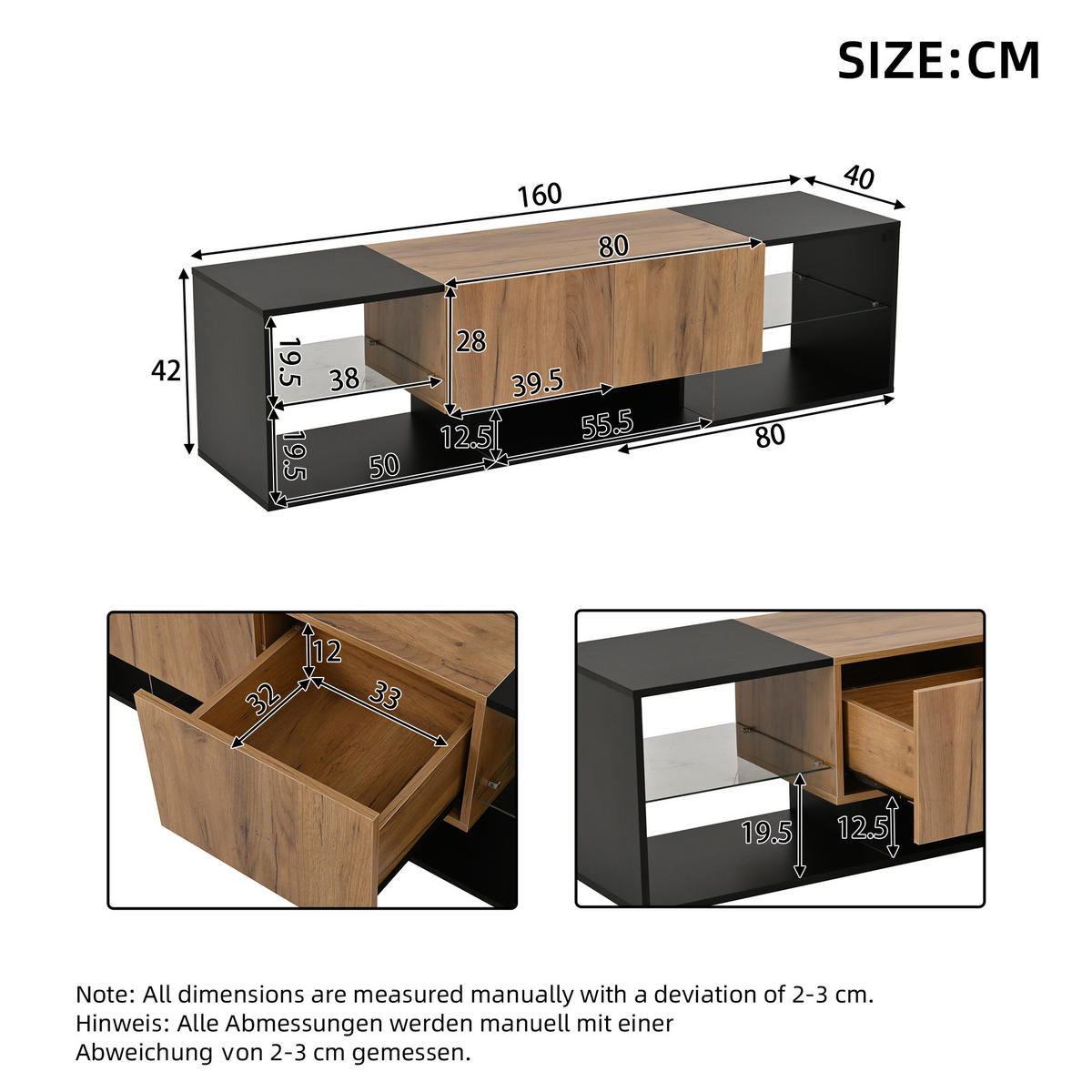 TV-SCHRANK in Schwarz & Natur mit LED - Eichefarben, Holzwerkstoff (160/42/40cm) - Urban Meuble