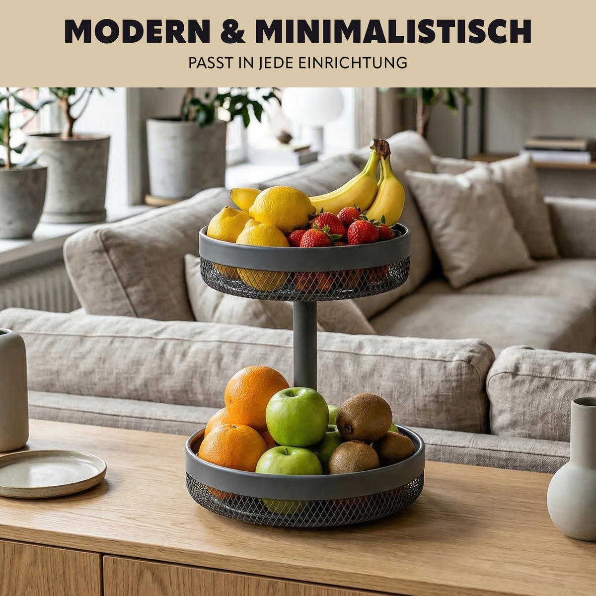 OBSTETAGERE, rund, 2-stöckig, Ø 20 cm und 25 cm, grau, Metall - Grau, Metall (25/31cm) - eluno