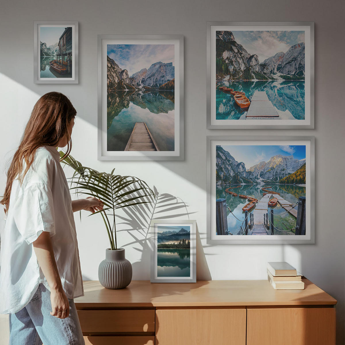 WANDBILDER 5er Set - 50x50 cm & 20x30 cm & 40x60 cm Silberner Rahmen - See Berge Holzboote - Silberfarben, Kunststoff (40/60cm) - ArtPrintCave
