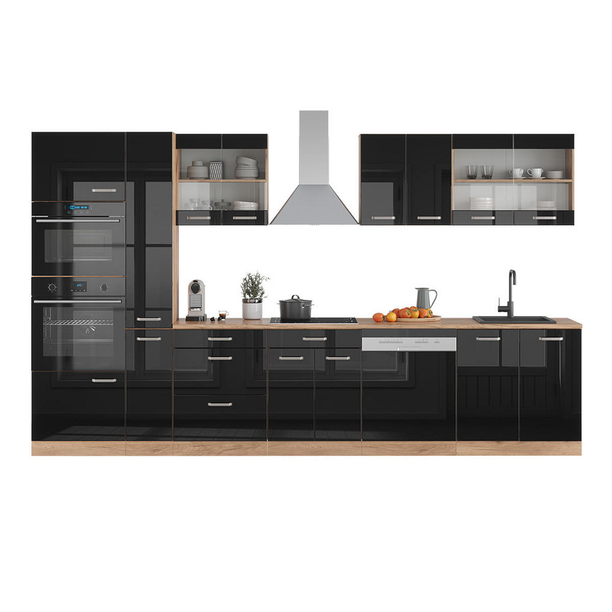 KÜCHENZEILE R-Line Schwarz Hochglanz/Goldkraft Eiche 350 cm AP Anthrazit - Schwarz Hochglanz/Eiche Wotan, Holzwerkstoff (350/81.6/60cm) - Vicco