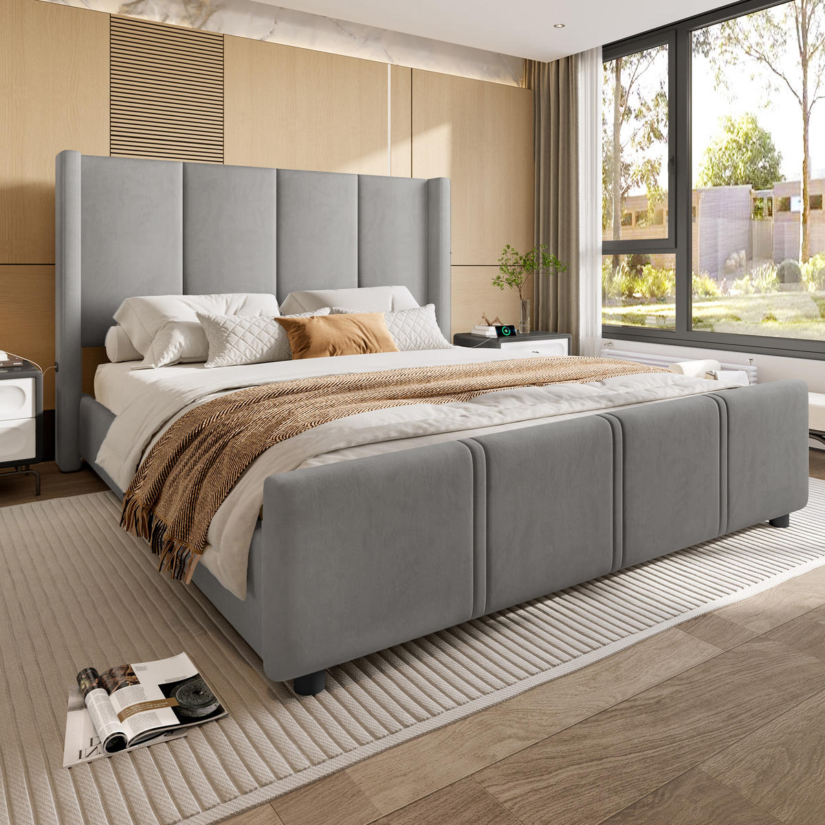 POLSTERBETT 160/200 cm grau mit USB-Anschluss und hohem Kopfteil - Dunkelgrau, Textil (160/200cm) - OKWISH