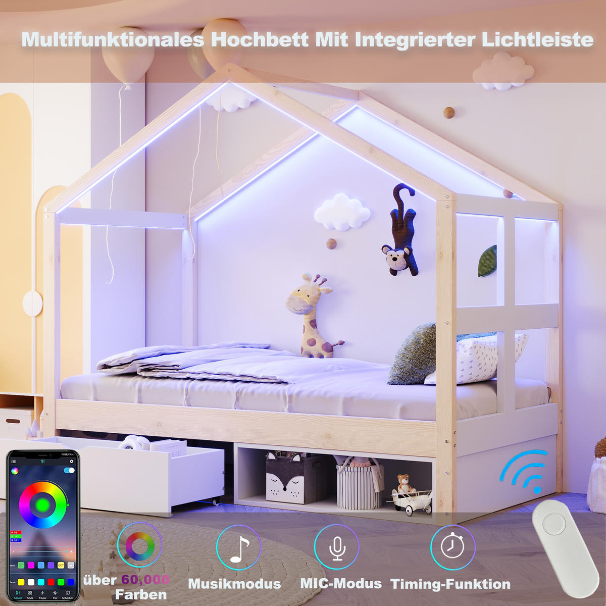 HAUSBETT 90/190 cm in Weiß & Natur mit Schublade, Schuhschrank und LED im Haus-Design - Naturfarben, Holzwerkstoff (90/190cm) - STILVORA